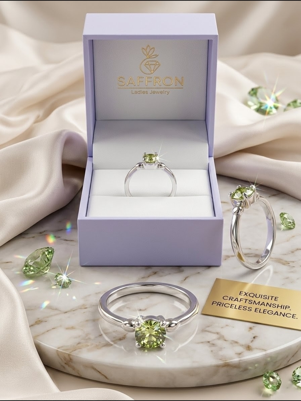 Saffron "Bright Green" Peridot Ring - Silver Tone & Cubic Zirconia Size 7